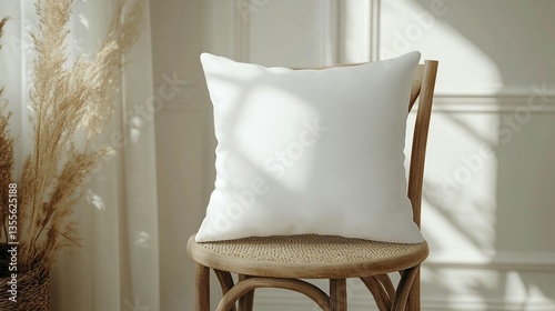 White cushion on wooden chair in sunlit room.