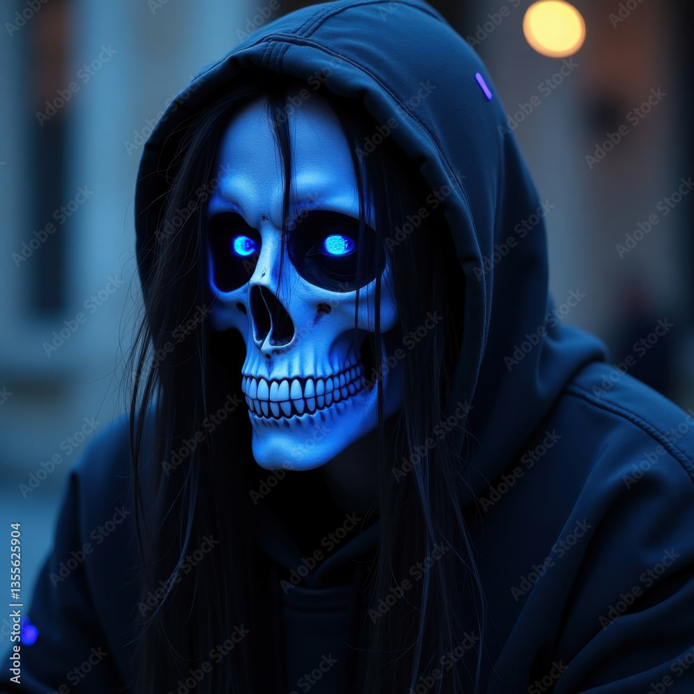 A mysterious figure wearing a glowing skull mask with a hooded outfit, illuminated in a dimly lit, blue-toned background, creating an eerie and captivating appearance A mysterious figure wearing a glowing skull mask with a hooded outfit, illuminated in a dimly lit, blue-toned background, creating an eerie and captivating appearance