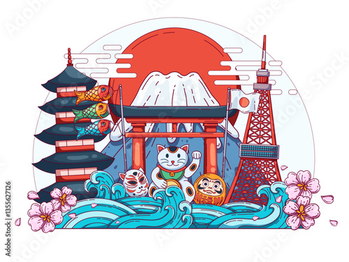 Illustration of various elements of Japanese culture and landmarks, from a maneki-neko, daruma doll, kitsune mask, torii gate, cherry blossoms, majestic Mount Fuji, pagoda, Tokyo Tower, koinobori.