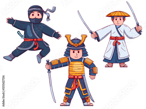 Illustration of a traditional Japanese warrior in a charming cartoon style. Featuring three characters: a ninja, a samurai in full armour holding a katana, and a ronin with a straw hat and a balanced 