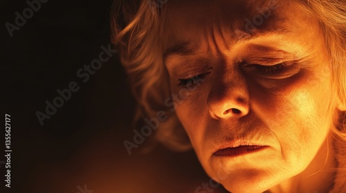 Close-Up Portrait of a Thoughtful Woman Contemplating in Dim Lighting with Intense Expression