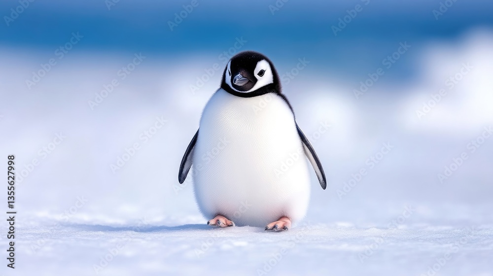 Naklejka premium Adorable little penguin on icy terrain. A pint-sized penguin stands on a bed of snow and ice, showcasing its fluffy white body and black markings. 