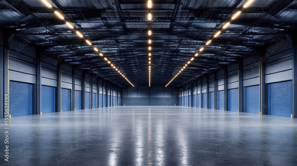 A modern industrial warehouse structure with overhead lights glowing in the darkness A modern industrial warehouse structure with overhead lights glowing in the darkness
