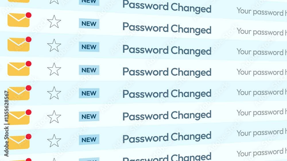 Password change email list scrolling in modern minimalist style 4k animation. Security, account, password changing, email.