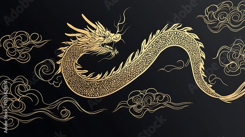 A Golden Dragon Soaring Amongst Decorative Cloud Imagery