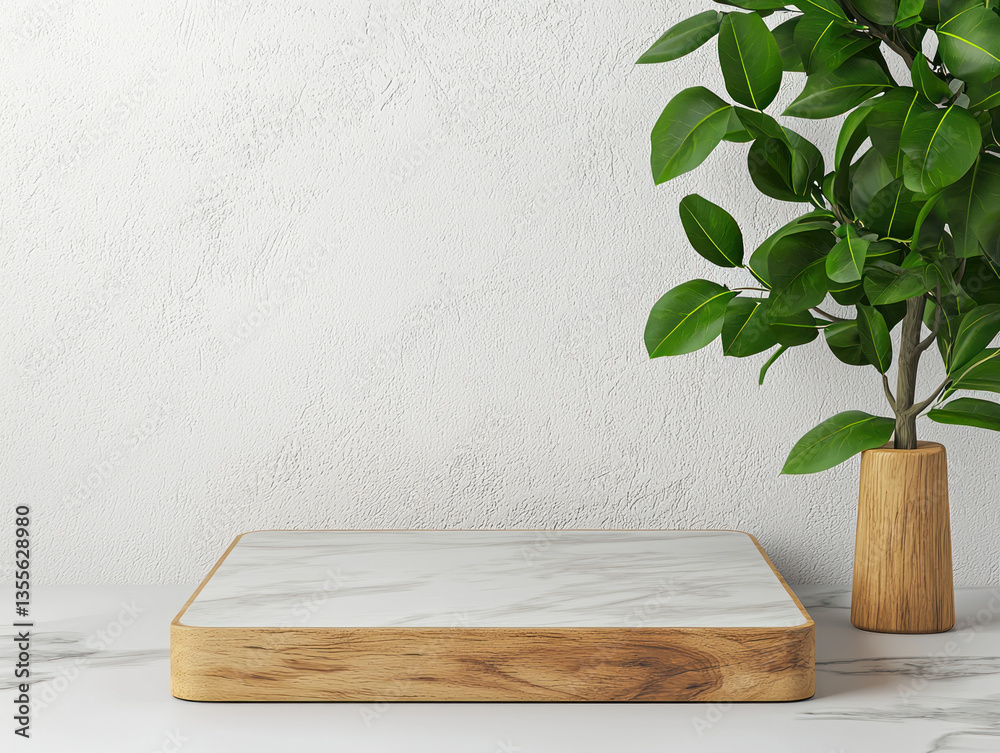 minimal wooden table with marble top, complemented by green plant in wooden pot, creates serene atmosphere minimal wooden table with marble top, complemented by green plant in wooden pot, creates serene atmosphere