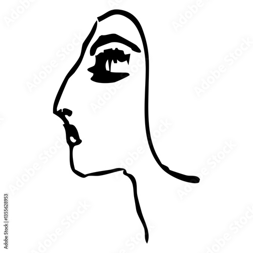 Profile of a beautiful arrogant woman. Female portrait. Hand drawn linear doodle sketch. Black and white silhouette.