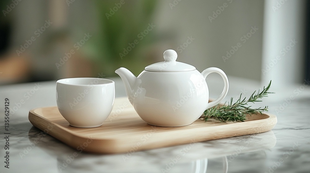 White teapot and cup on wooden tray with rosemary sprig. White teapot and cup on wooden tray with rosemary sprig.