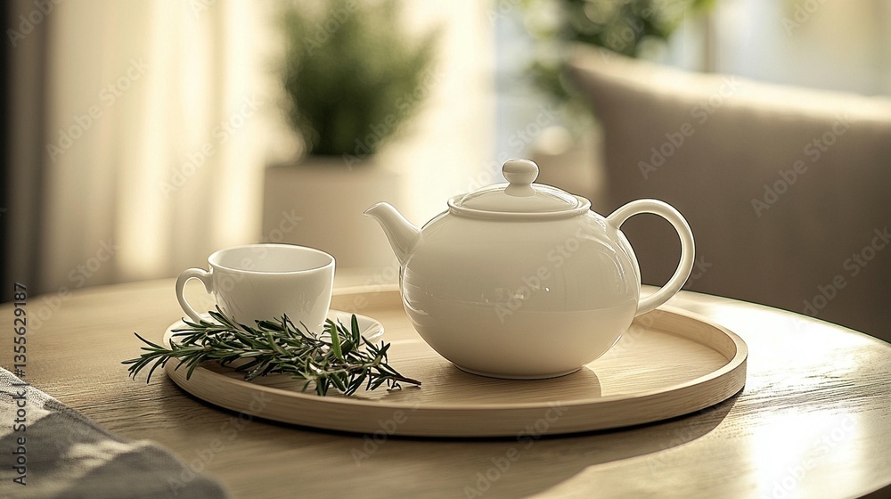 White teapot and cup with rosemary sprig on wooden tray. White teapot and cup with rosemary sprig on wooden tray.