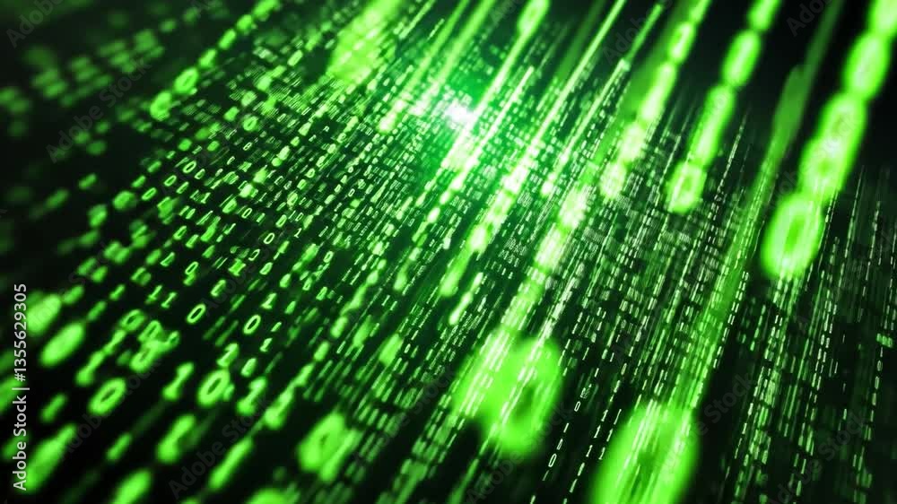 Digital Stream: A mesmerizing stream of binary code, rendered in striking green against a dark backdrop, embodies the essence of technological advancement and the intricate world of data processing. Digital Stream: A mesmerizing stream of binary code, rendered in striking green against a dark backdrop, embodies the essence of technological advancement and the intricate world of data processing.