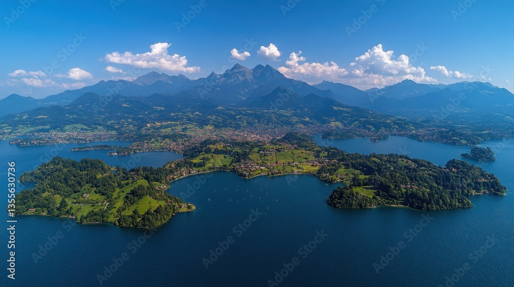 Obraz premium Stunning alpine lake with vibrant blue water surrounded by lush green meadows. Majestic mountains rise in the distance under a clear blue sky with fluffy white clouds. 