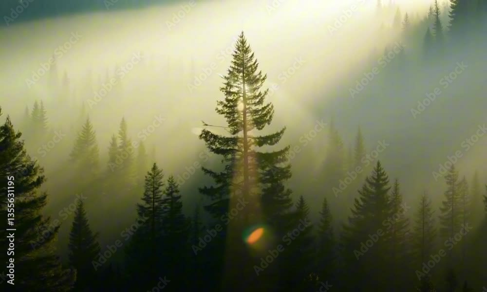 Soft beams of golden sunlight pierce through dense morning fog in a deep forest. The mist slowly moves, revealing the silhouettes of towering trees