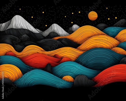 Night Sky for Colorful Mountainscape Illustration.