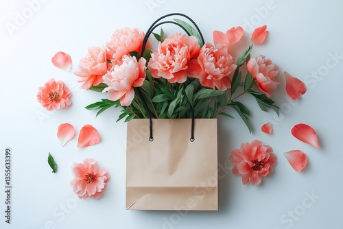 Elegant Peony Floral Arrangement in Shopping Bag - Perfect for Springtime Decor and Gifting Ideas