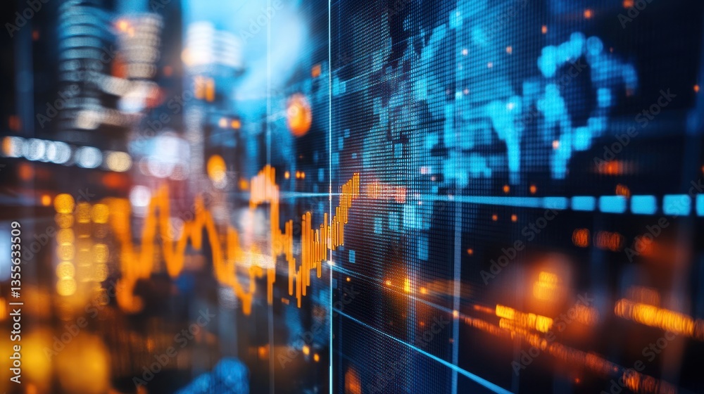Fototapeta premium Global Financial Market Data Visualization: Dynamic Stock Market Trends and Global Economic Indicators Displayed on a Futuristic Screen
