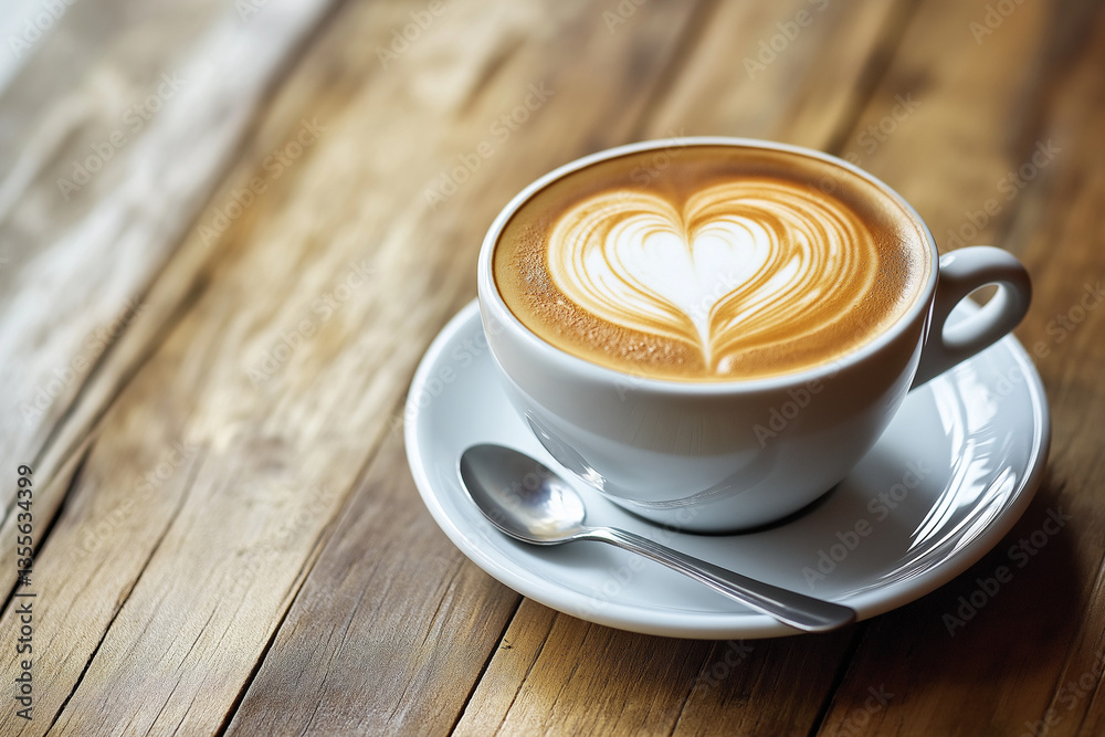 Cup of cappuccino with heart latte art on a wooden table, close-up view Cup of cappuccino with heart latte art on a wooden table, close-up view