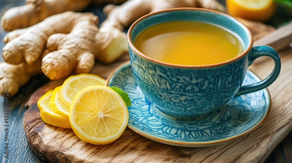 A vibrant cup of ginger and lemon herbal drink with fresh ginger slices beside it A vibrant cup of ginger and lemon herbal drink with fresh ginger slices beside it