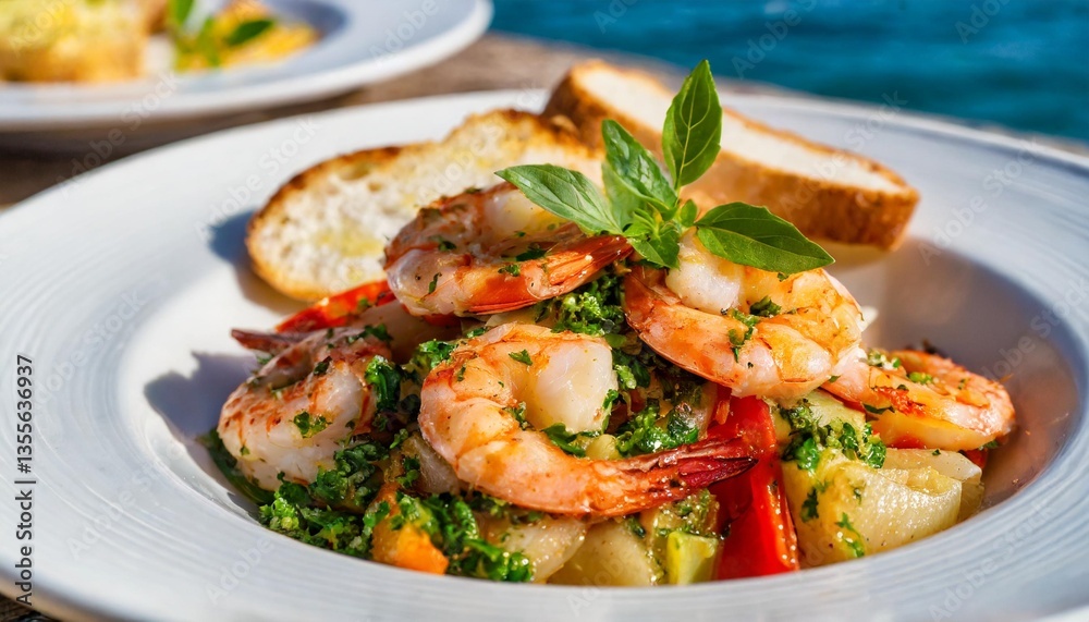 Spicy Shrimp Scampi with Garlic Bread Shot Close-Up on White Plate in Bright Italian Coastal Evening Sun Spicy Shrimp Scampi with Garlic Bread Shot Close-Up on White Plate in Bright Italian Coastal Evening Sun