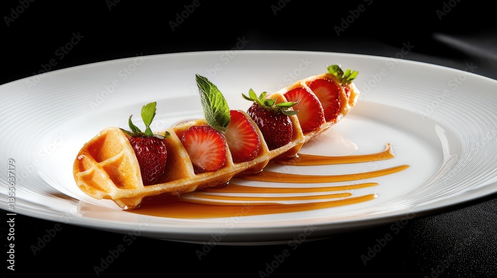 A freshly baked waffle drizzled with honey and served with fresh strawberries, placed on a clean white plate.