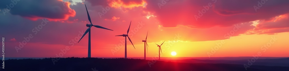 Obraz premium Silhouette of wind turbines against a colorful sunset sky, energy, silhouette, power