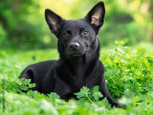 Adorable Black Dog Resting in Greenery: Captivating Pet Portrait with Natural Light and Vibrant Colors