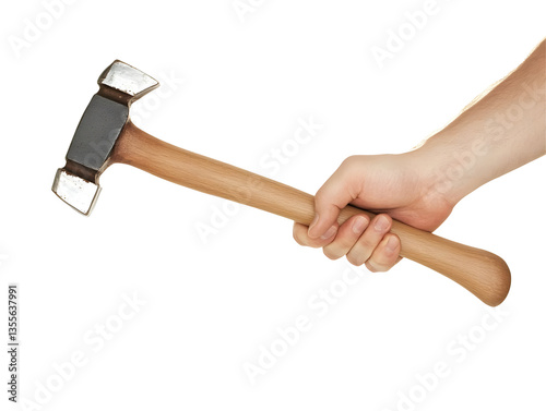 Realistic Photo Of A Hand Holding A Hammer Tool With A Wooden Handle In A Close Up View On Transparent Background Optimized For Adobe Stock Photo
