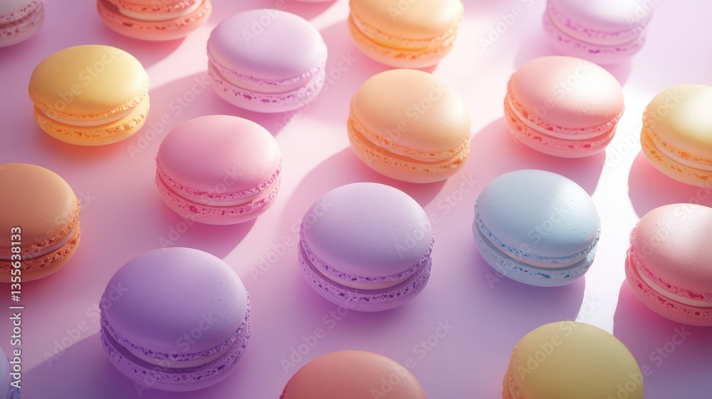 Obraz premium A pastel-themed macarons display with soft lighting and negative space.