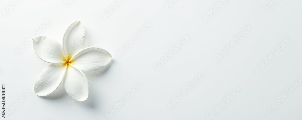 Fototapeta premium Single white plumeria flower on white backdrop, Petals, Zen