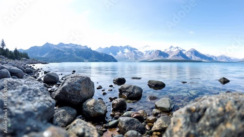 A Sweeping Panoramic View over the Vierwaldsttter See in Switzerland and rocky shoreline in the foreground. Ai Generated Video