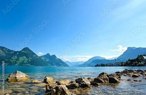 A Sweeping Panoramic View over the Vierwaldsttter See in Switzerland and rocky shoreline in the foreground. Ai Generated Video