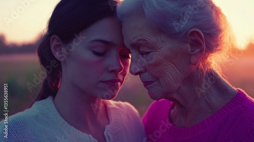 Tender Embrace Between Young Woman and Elderly Relative at Sunset in a Field