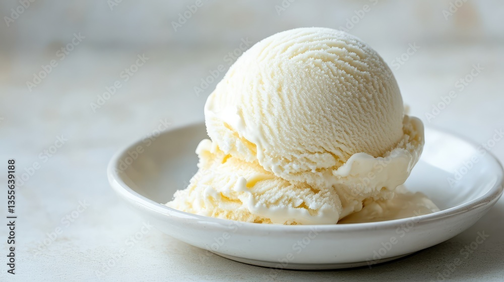 A single scoop of vanilla ice cream with a smooth texture on a white ceramic plate, melting slightly, placed on a neutral background with ample copy space. A single scoop of vanilla ice cream with a smooth texture on a white ceramic plate, melting slightly, placed on a neutral background with ample copy space.