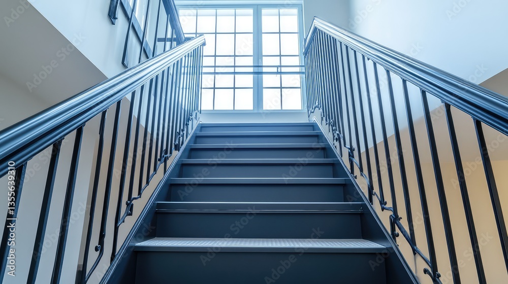 Fototapeta premium A sleek modern staircase with stylish black balusters and ample space for branding or promotional copy.