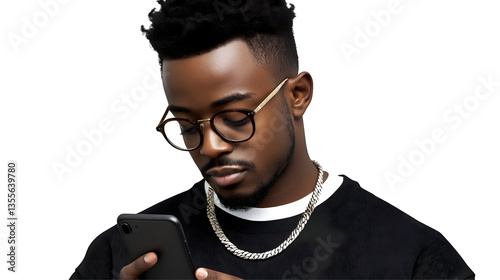 Stylish Black Man Holding Smartphone Photo on Transparent Background in Studio Portrait with Glasses Focused on Digital Device