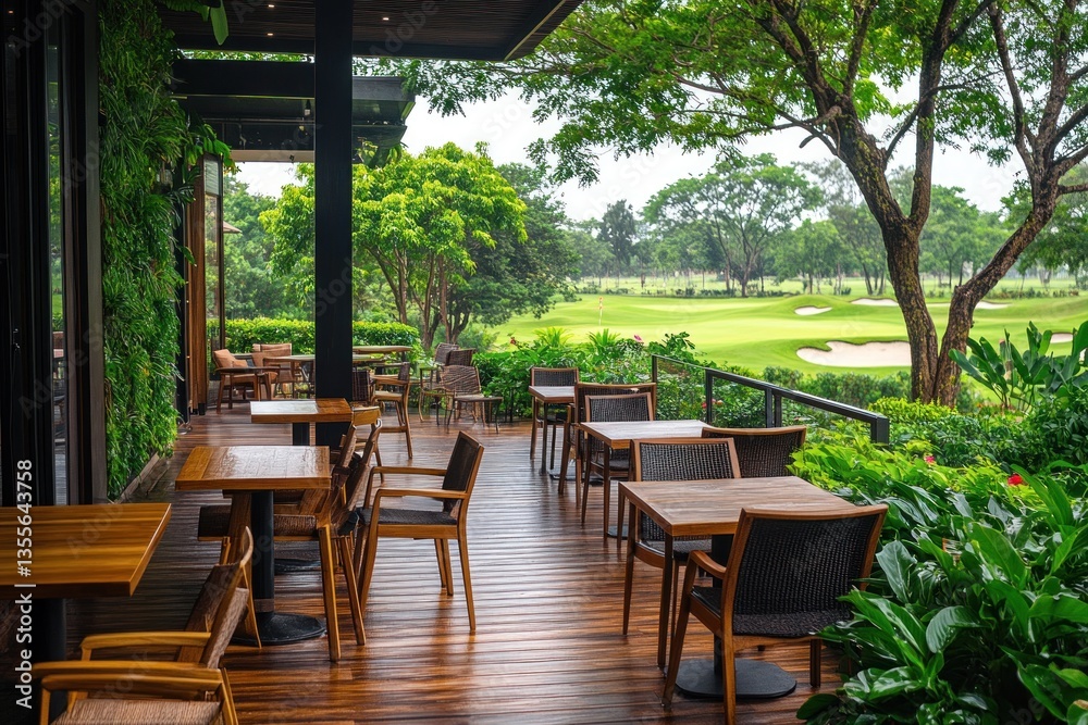 Fototapeta premium Outdoor patio cafe with golf course view (1)