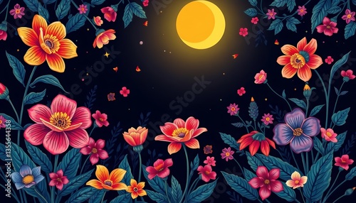 Wallpaper Mural Night garden, blooming flowers, seamless pattern, hand-drawn vector illustration, wallpaper, flowers Torontodigital.ca