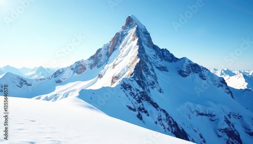 Snow-covered mountain peak, brilliant white, pristine landscape, calm, serene