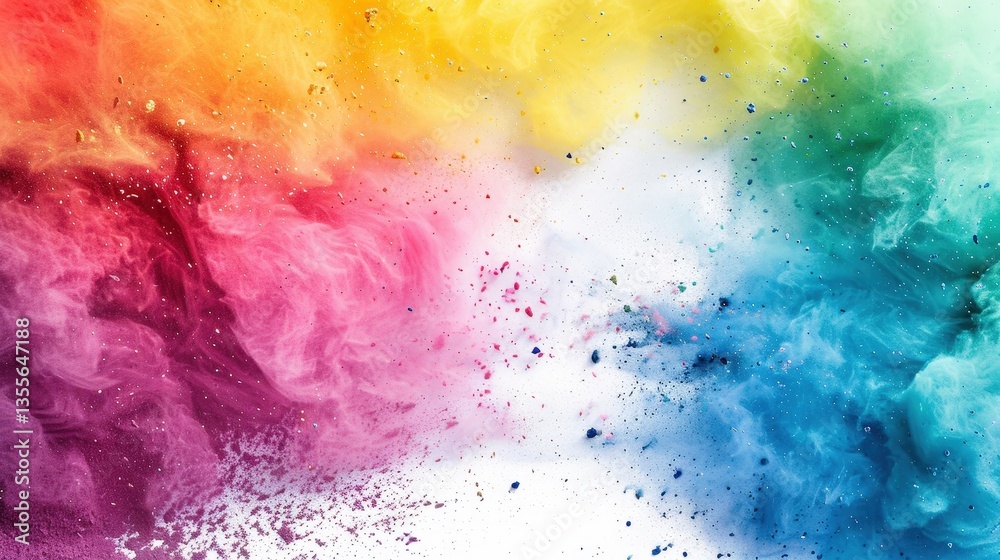 Fototapeta premium Colorful powder explosion creates rainbow dust cloud effect on white background