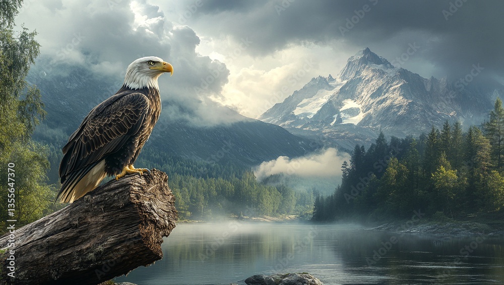 Fototapeta premium Majestic bald eagle perched on a weathered log, overlooking a serene lake nestled amidst a breathtaking mountain range. A picturesque scene of nature's grandeur.