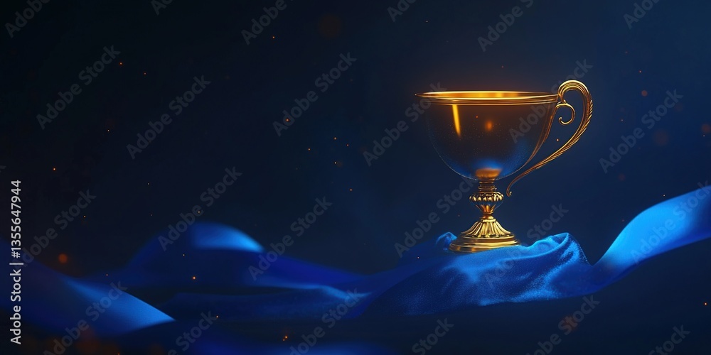 Glowing Gold Trophy on Blue Fabric, Dark Background Glowing Gold Trophy on Blue Fabric, Dark Background