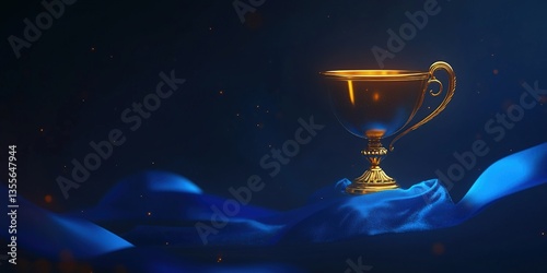 Glowing Gold Trophy on Blue Fabric, Dark Background