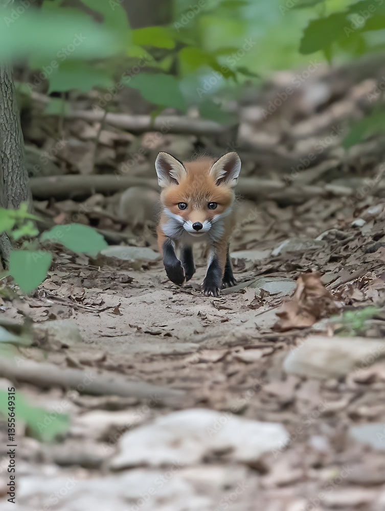 Obraz premium Red Fox Kit Forest Path.