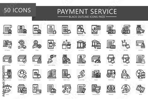 Payment service outline icons set. contain balance, account, charge, pay, bill, checkout, invoice, fee and more. For UI, UX kit, web and app development. vector EPS 10, for finance, economy, business.