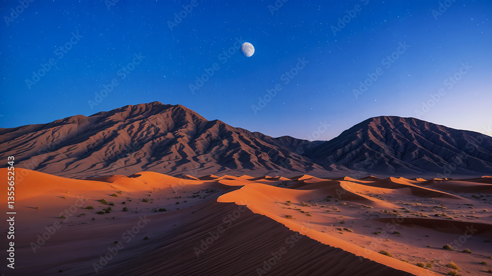 Naklejka premium Twilight Serenity Majestic Desert Landscape Under Moonlight