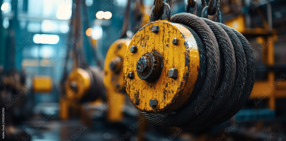 Fototapeta premium Close Up of a Yellow Industrial Pulley System with Steel Cables and Chains in a Factory Setting with Metal and Heavy Duty Equipment