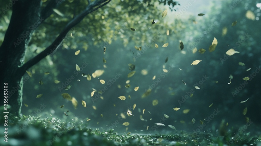 Fototapeta premium Mystical forest scene with falling leaves creating a serene atmosphere
