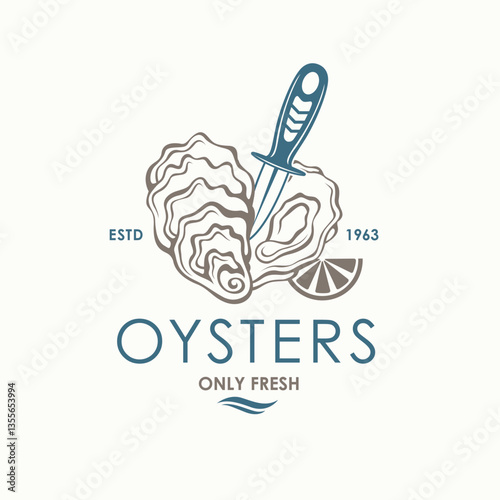 label of fresh oyster shell and knife isolated on light background