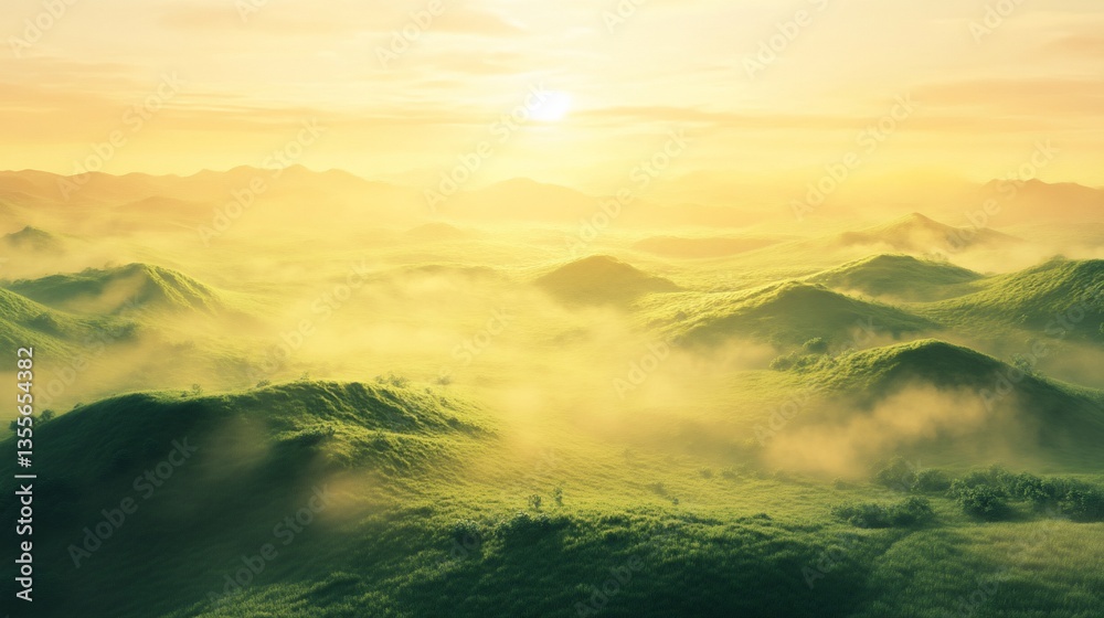 Obraz premium Serene Rolling Hills Under a Golden Sky, a Tranquil Landscape Scene