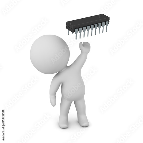 3D Character Holding Up a Microchip