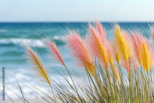 Pink and gold beach grass against ocean waves.
